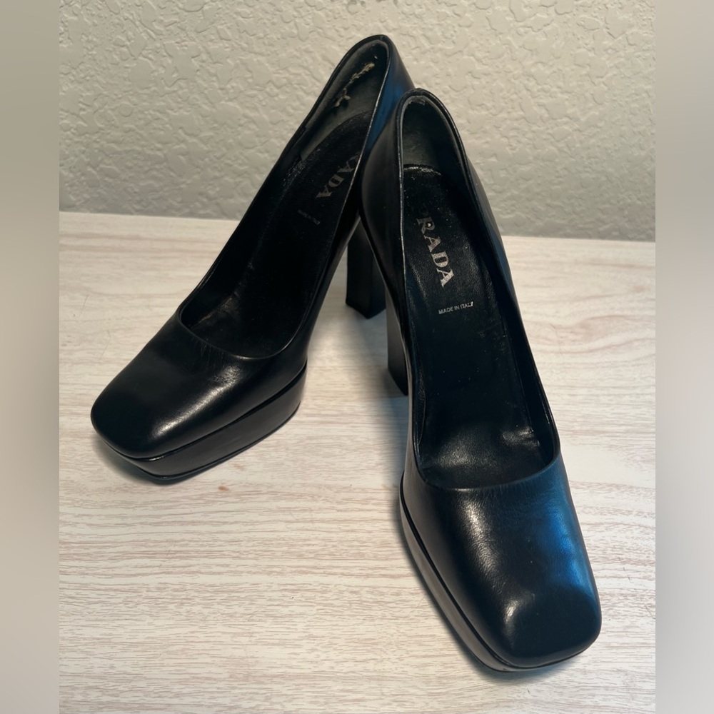 Prada Square Toe Platform Pumps, Sz 36, Black, Guar. Authentic